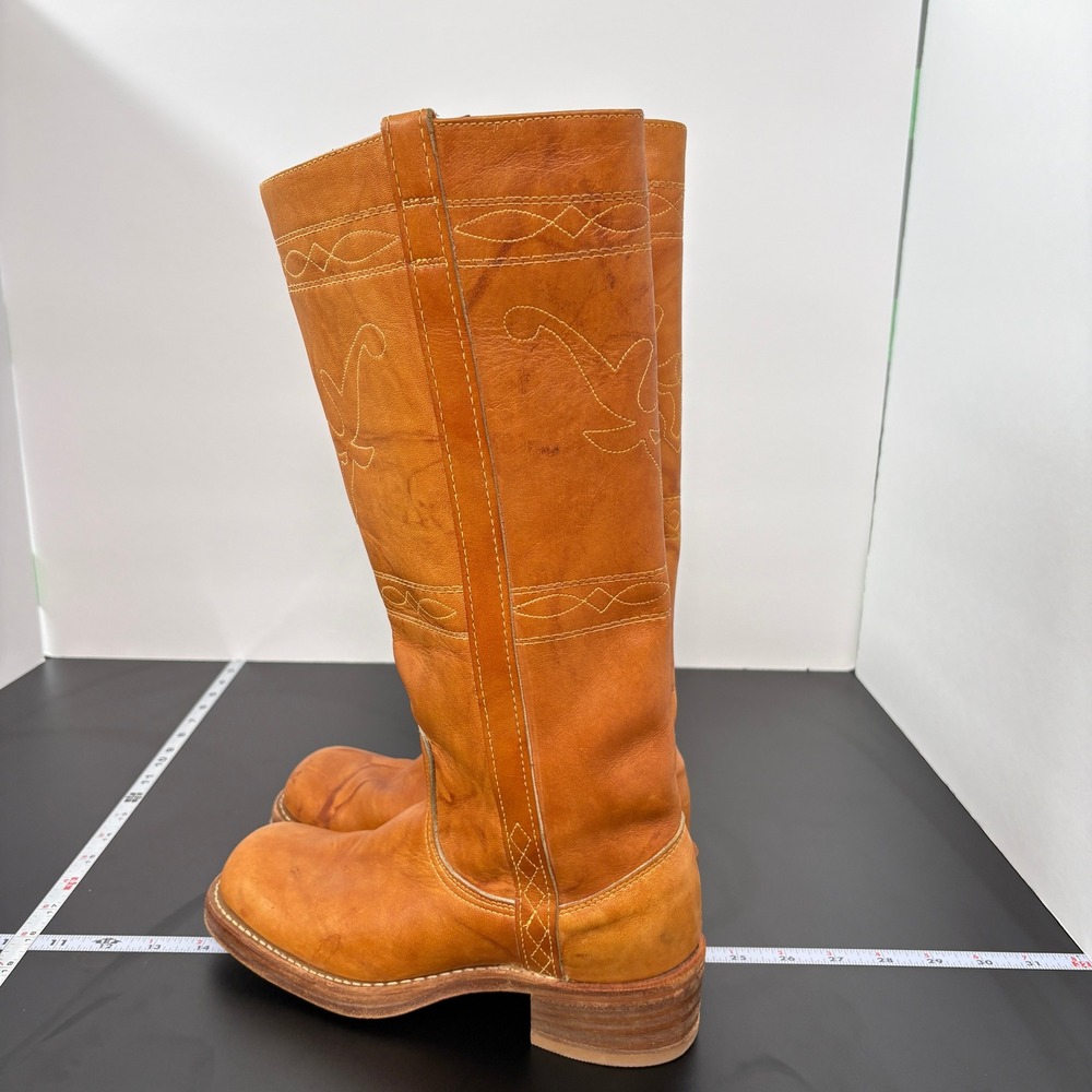 Vintage Womens Western Cowboy Boots 7.5N Tan Leather Longhorn USA Made Campus - Picture 6 of 16
